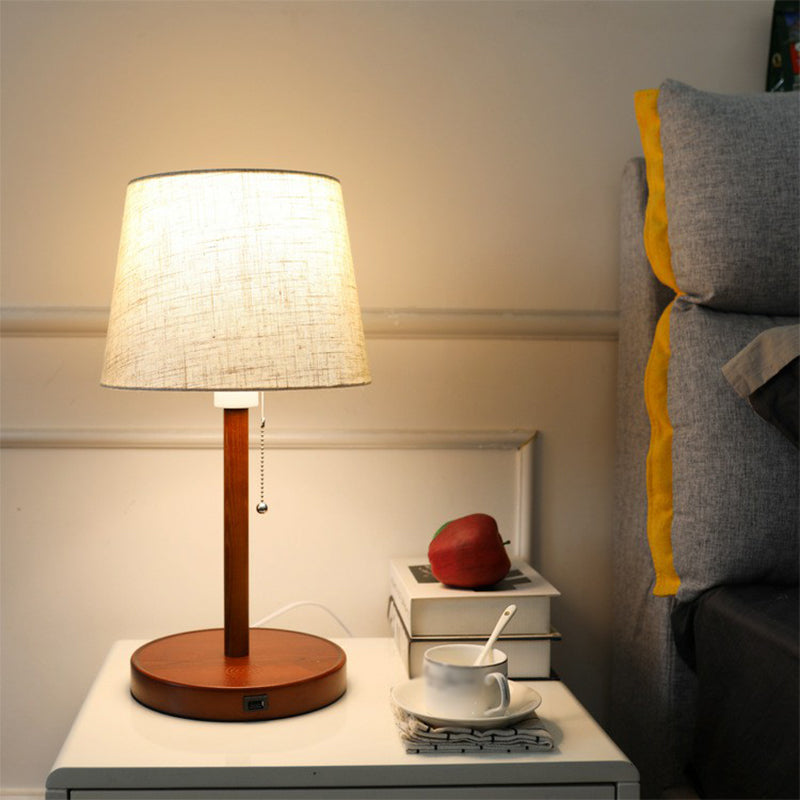 Nordic Pull Chain Table Light: 1-Bulb Night Lamp With Fabric Empire Shade - Perfect For Bedroom