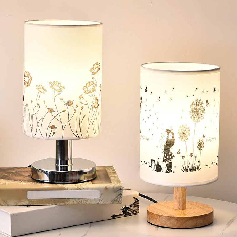 Minimalist Cylinder Bedside Table Lamp - White Fabric 1-Light Nightstand Light