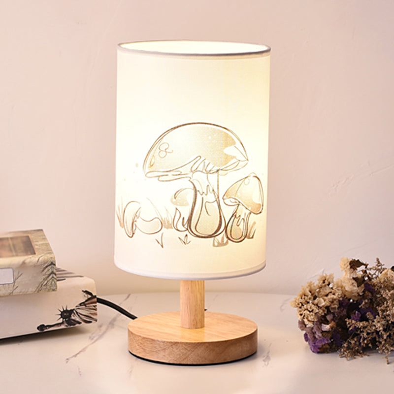 Minimalist Cylinder Bedside Table Lamp - White Fabric 1-Light Nightstand Light / Mushroom