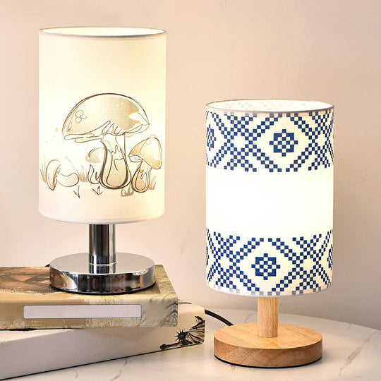 Minimalist Cylinder Bedside Table Lamp - White Fabric 1-Light Nightstand Light