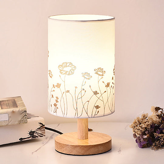 Minimalist Cylinder Bedside Table Lamp - White Fabric 1-Light Nightstand Light / Flower