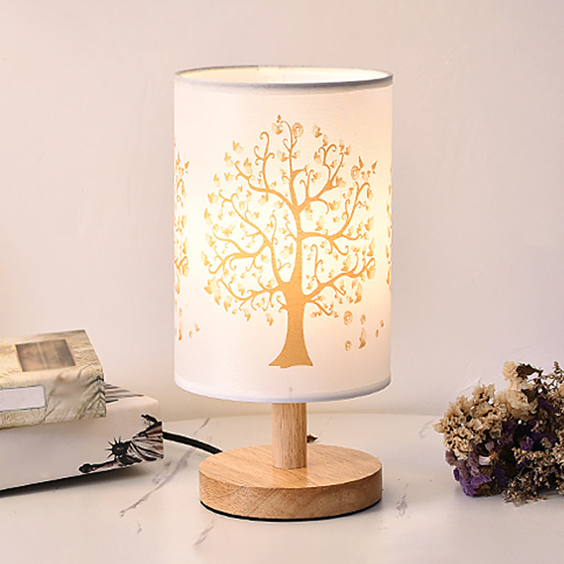 Minimalist Cylinder Bedside Table Lamp - White Fabric 1-Light Nightstand Light / Tree