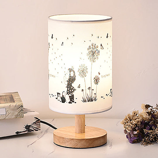 Minimalist Cylinder Bedside Table Lamp - White Fabric 1-Light Nightstand Light / Dandelion
