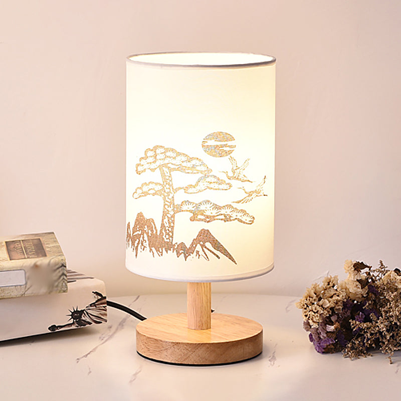 Minimalist Cylinder Bedside Table Lamp - White Fabric 1-Light Nightstand Light / Branch
