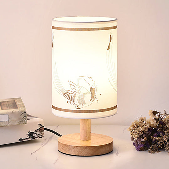 Minimalist Cylinder Bedside Table Lamp - White Fabric 1-Light Nightstand Light / Bird