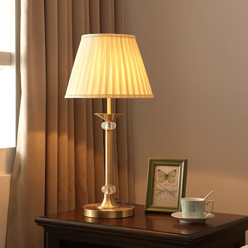 Modern Brass Table Lamp With Pleated Fabric Empire Shade - Single Bedside Night Light