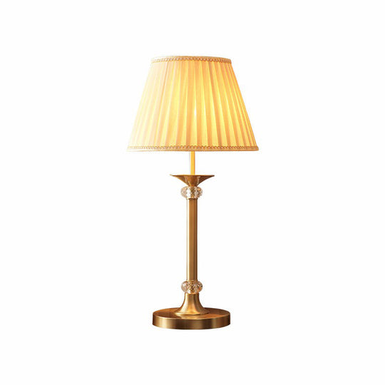 Modern Brass Table Lamp With Pleated Fabric Empire Shade - Single Bedside Night Light