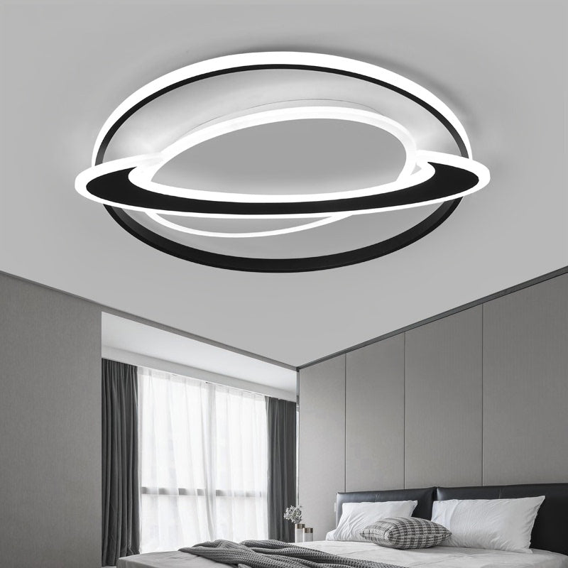 Cosmic Bedroom Glow: Black-White Acrylic LED Flush Mount Ceiling Light with a Ringed Planet Design