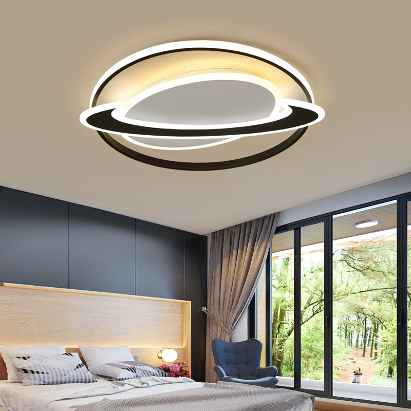 Cosmic Bedroom Glow: Black-White Acrylic Led Flush Mount Ceiling Light With A Ringed Planet Design