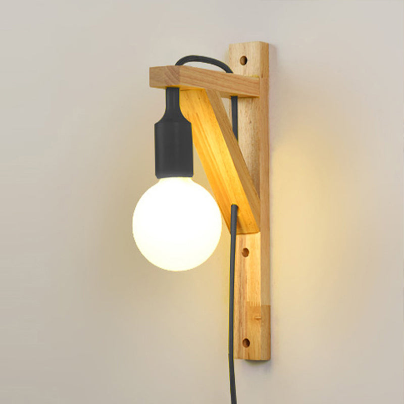 Wooden Hanging Wall Sconce With Exposed Bulb - Nordic Lamp In Multi Colors Black