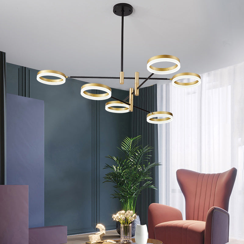 Black-Gold Adjustable Ring Chandelier With Led Acrylic Lights Modern Living Room Hanging Light