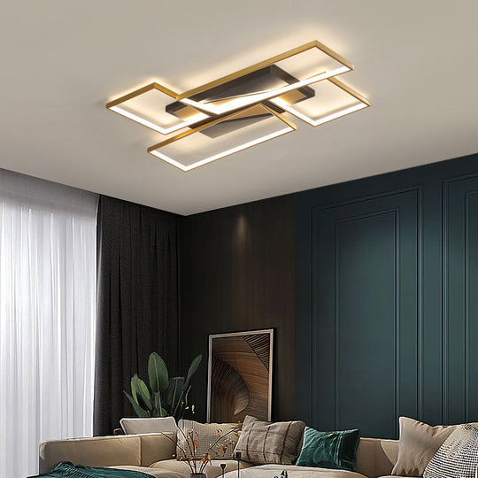 Sleek Living Room Shine: Simplistic Black-Gold Led Metal Rectangle Flush Mount Ceiling Lamp.