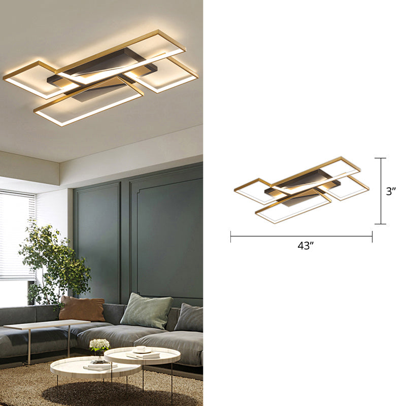Sleek Living Room Shine: Simplistic Black-Gold LED Metal Rectangle Flush Mount Ceiling Lamp.