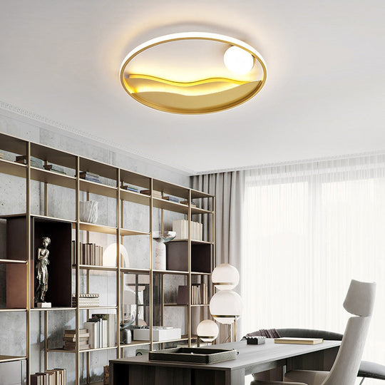 Artistic Bedroom Ambiance: Sunrise And Sea Led Flush Mount Ceiling Light With A Metal Halo Ring