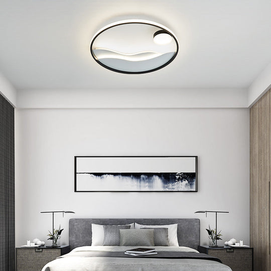 Artistic Bedroom Ambiance: Sunrise and Sea LED Flush Mount Ceiling Light with a Metal Halo Ring
