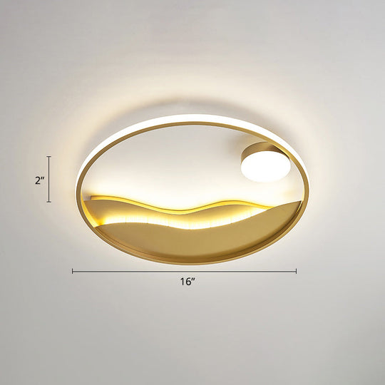 Artistic Bedroom Ambiance: Sunrise And Sea Led Flush Mount Ceiling Light With A Metal Halo Ring Gold