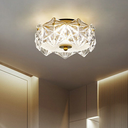 Crystal Clear Modernity: Round LED Flush Mount Ceiling Light with a Hexagonal Crystal Design for the Living Room