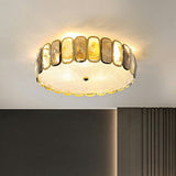 Postmodern Drum Ceiling Flush Light Fixture With Smoky And Amber Crystal Led Mount In Brass For