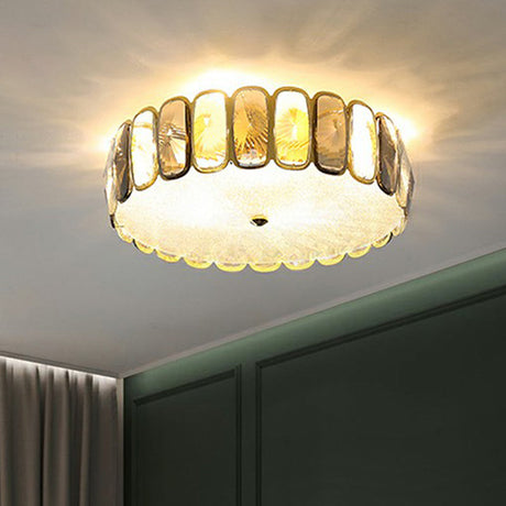 Postmodern Drum Ceiling Flush Light Fixture With Smoky And Amber Crystal Led Mount In Brass For