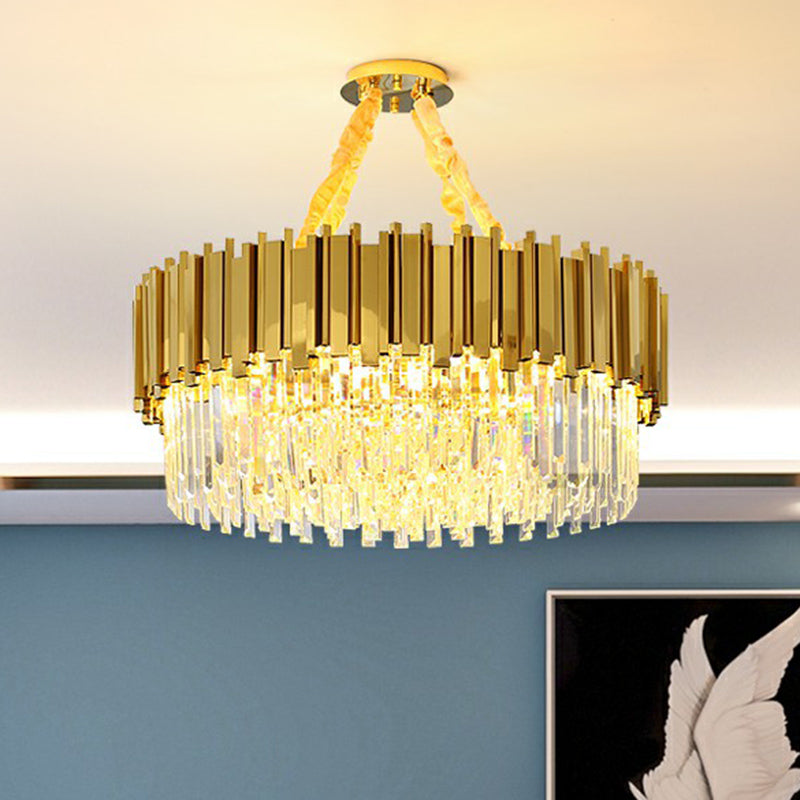 Modern Brass Drum Chandelier With Crystal Prism Shade - Simple Style Suspension Light