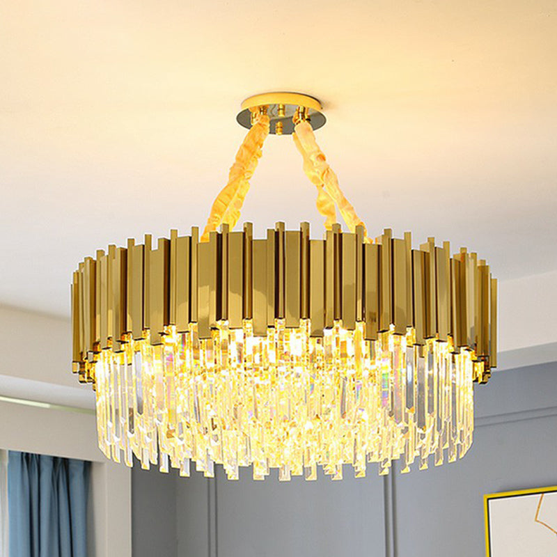 Modern Brass Drum Chandelier With Crystal Prism Shade - Simple Style Suspension Light 4 /