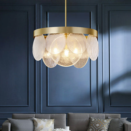 Seeded Glass Disc Pendant Chandelier - Postmodern 3-Light Brass Design For Living Room