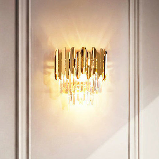 Postmodern Brass Tiered Flush Wall Sconce With Crystal Lighting - Ideal For Bedroom