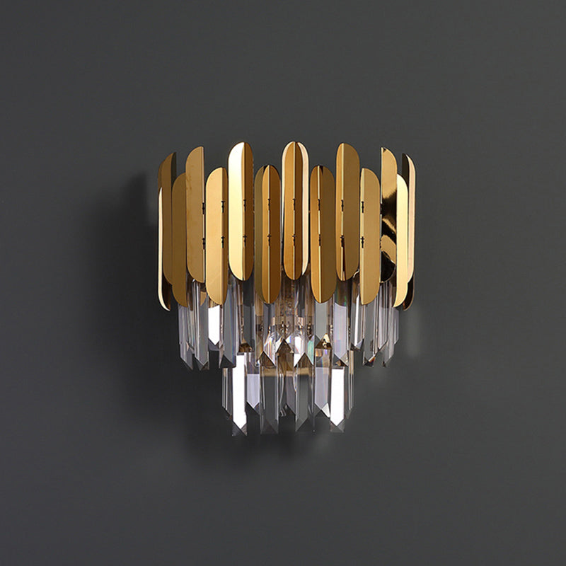 Postmodern Brass Tiered Flush Wall Sconce With Crystal Lighting - Ideal For Bedroom