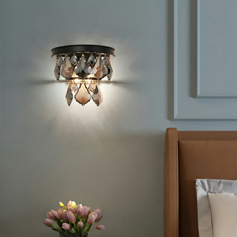Modern Tiered Sconce Light With Cut-Crystal Accents - Sleek Bedside Wall Mount Fixture (2 Bulbs)