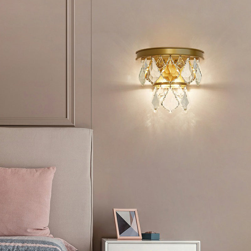 Modern Tiered Sconce Light With Cut-Crystal Accents - Sleek Bedside Wall Mount Fixture (2 Bulbs)