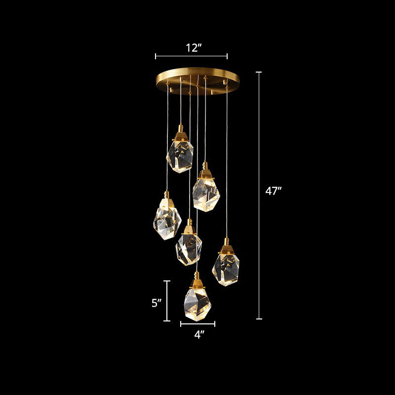 Minimalist Brass Led Cluster Pendant Light For Staircase With Crystal Gem Detail 6 /