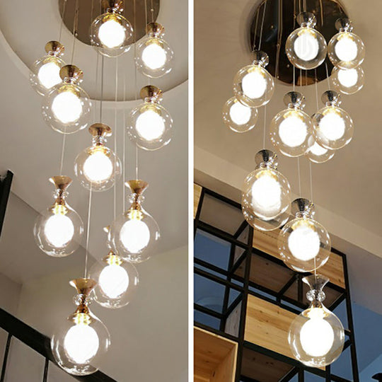 Minimalistic Gold Multi-Light Pendant Ceiling Lamp with Clear and Frosted Glass Ball Shades for Apartments