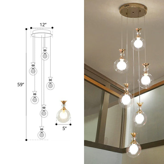 Minimalistic Gold Multi-Light Pendant Ceiling Lamp with Clear and Frosted Glass Ball Shades for Apartments