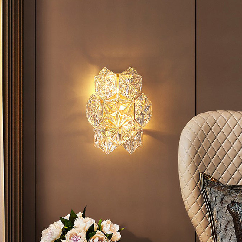 Hexagon Glass Wall Light With Gold Finish - Modern Bedroom Sconce Fixture Clear / 8.5