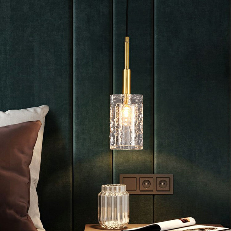 Gold Rectangular Dining Room Pendulum Light with Clear Rippled Crystal - Elegant 1-Bulb Hanging Fixture