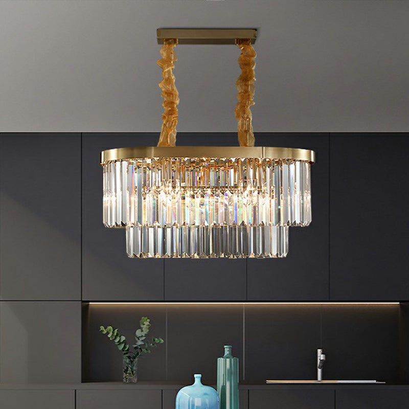 Postmodern Clear Crystal Rod Pendant Light For Dining Room In Brass Finish