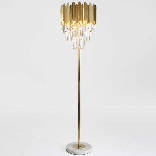 Postmodern Gold Taper Floor Lamp With 3-Light Prismatic Crystal For Living Room