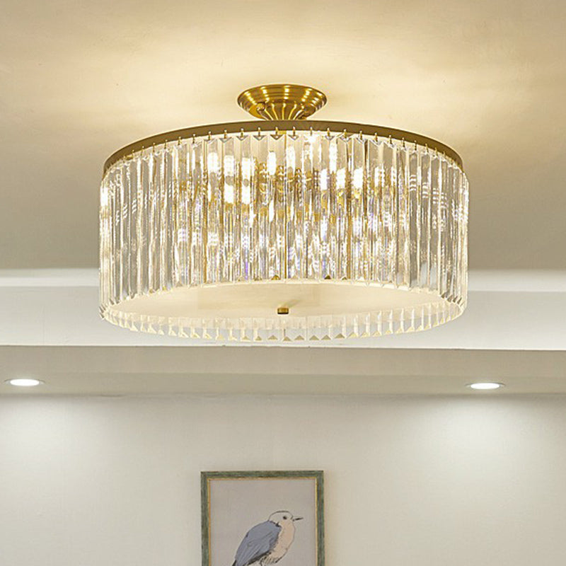 Minimalist Bedroom Sparkle: Clear Crystal Drum Semi-Flush Mount Ceiling Light with a Minimalist Design