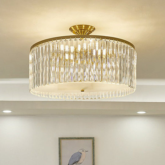Minimalist Bedroom Sparkle: Clear Crystal Drum Semi-Flush Mount Ceiling Light With A Design / 19