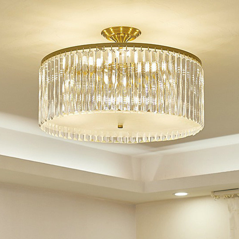 Minimalist Bedroom Sparkle: Clear Crystal Drum Semi-Flush Mount Ceiling Light With A Design / 21.5
