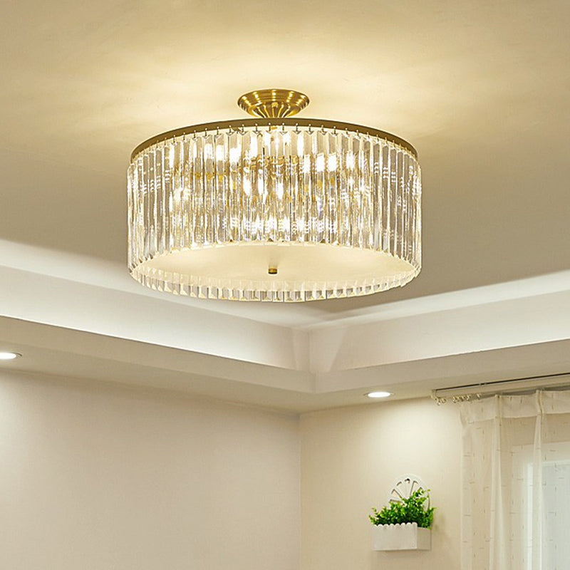 Minimalist Bedroom Sparkle: Clear Crystal Drum Semi-Flush Mount Ceiling Light With A Design / 15