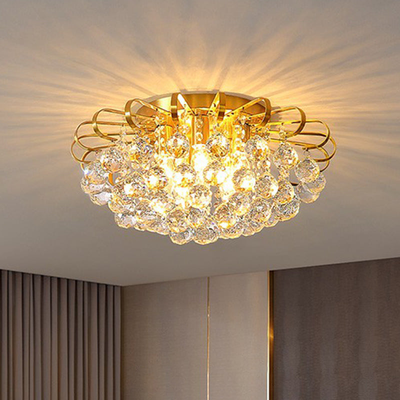 Crystal Bedroom Beauty: Post-Modern Clear Faceted Ball Flush Mount Ceiling Light with Floral Design