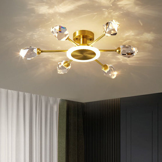 Radiant Bedroom Elegance: Post-Modern Gold Led Ceiling Light With Crystal Block Radial Design