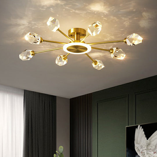 Radiant Bedroom Elegance: Post-Modern Gold Led Ceiling Light With Crystal Block Radial Design 9 /