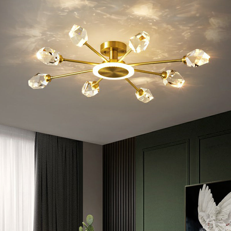 Radiant Bedroom Elegance: Post-Modern Gold LED Ceiling Light with Crystal Block Radial Design