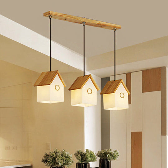 Asian Style Wood And Glass Pendant Light In White For Kitchen Foyer
