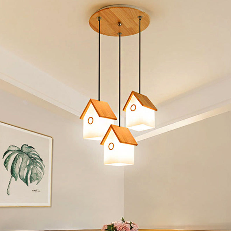 Asian Style Wood And Glass Pendant Light In White For Kitchen Foyer 3 / Round