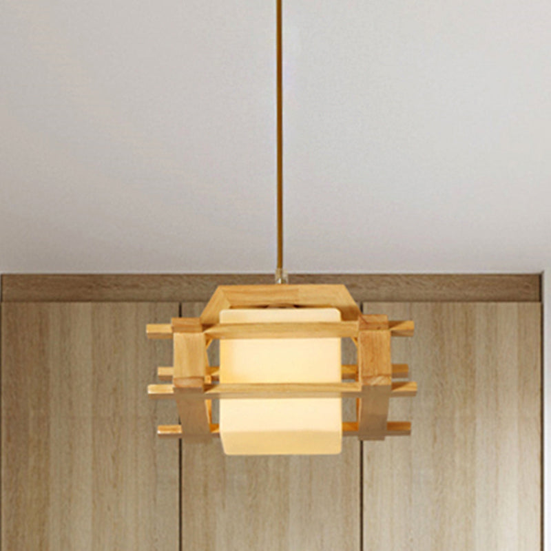 Modern Cube Suspension Pendant Light With Wood Guard Glass - Beige For Bedroom