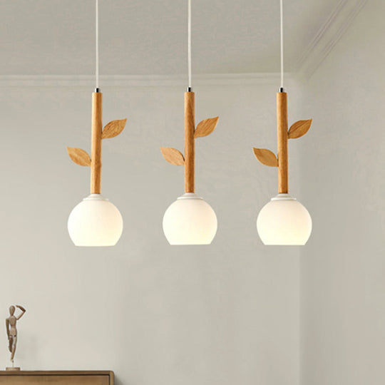 Rustic Flower Pendant Lamp W/ 3 Glass Lights & Wood Leaf For Kitchen Ceiling - White