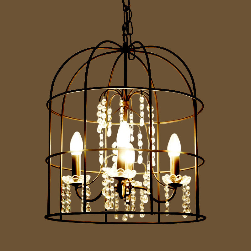 Classic Birdcage 4-Light Pendant Chandelier In Black With Crystal Draping